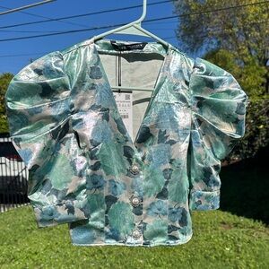 Zara Shimmering Metallic Green and Silver Floral Blouse St. Patrick’s Day